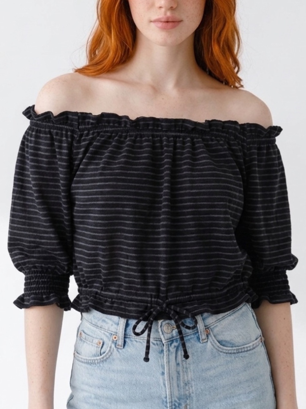 Free People Navy Gray Striped Off Shoulder Crop Top Size Medium Boho